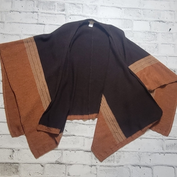 Corti Italy Wool Blend Poncho Cardigan One Size Brown Black Open Front Wrap - Picture 4 of 11